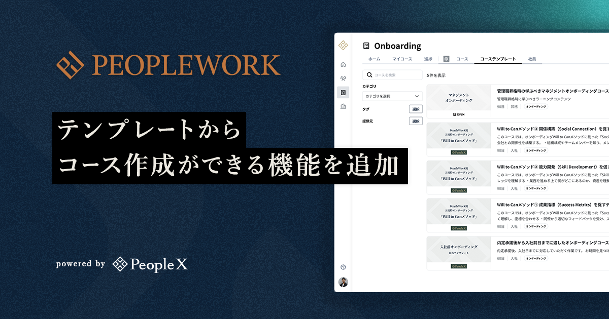 PeopleX、「PeopleWork」上の人材開発・オンボーディングを効率化。テンプレートをもとに独自のラーニングコースが作成できる機能を追加／ 新たに「入社前オンボーディング」テンプレートを無償提供